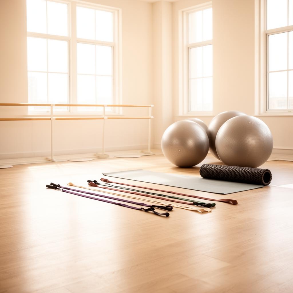 Sunlit dance studio with training equipment — bands, physio balls, and foam roller