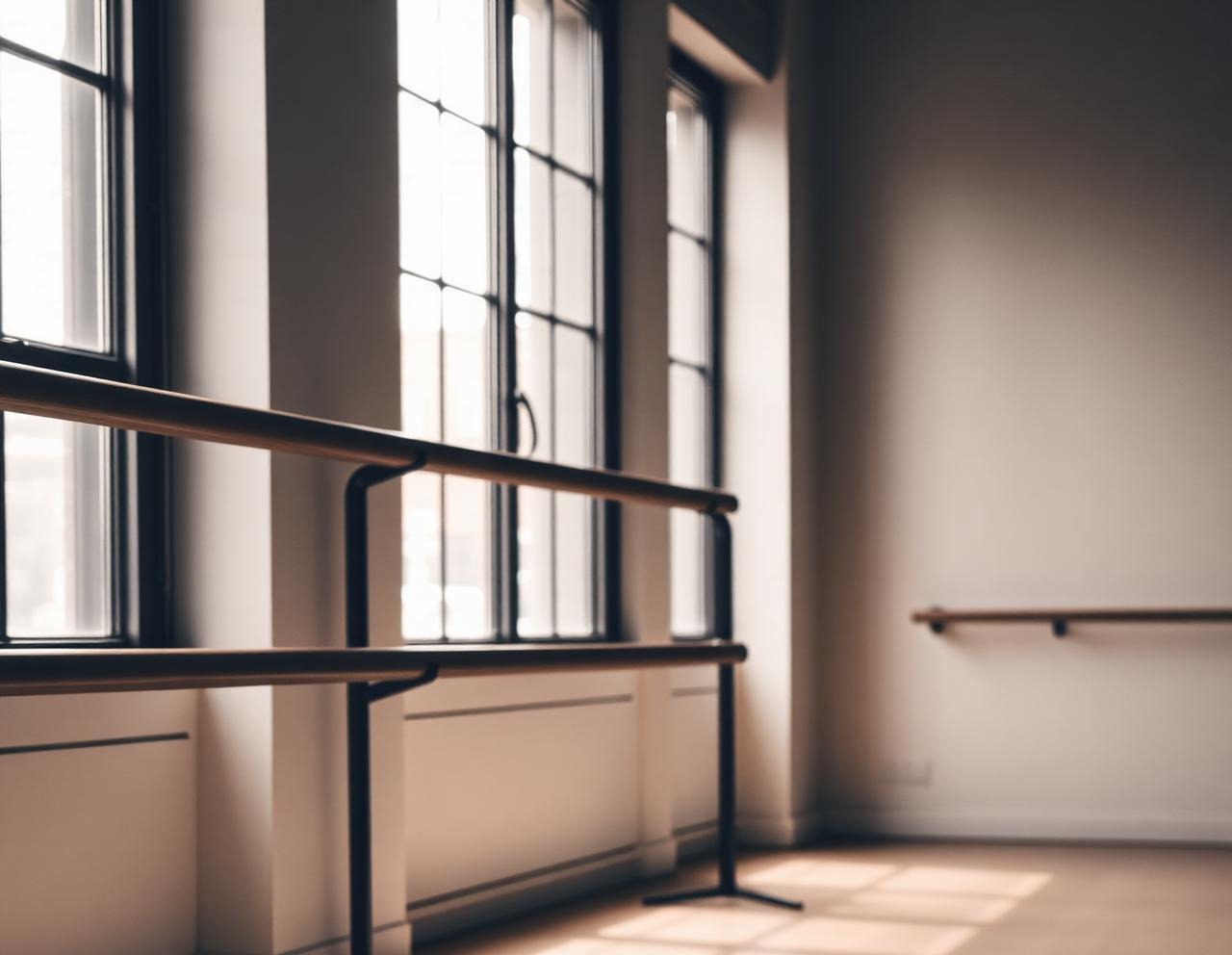 Ballet studio interior with barre and pointe shoes